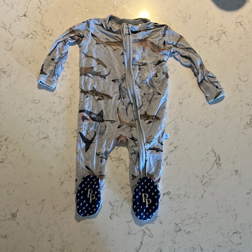 Post Peanut shark print zippered footie newborn size